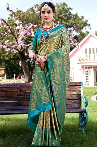 Turquoise blue & green ethnic motifs woven design zari kanjivaram saree