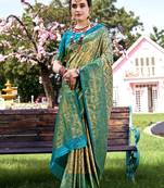 Turquoise blue & green ethnic motifs woven design zari kanjivaram saree