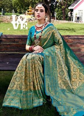 Turquoise blue & green ethnic motifs woven design zari kanjivaram saree 2