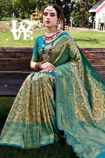 Turquoise blue & green ethnic motifs woven design zari kanjivaram saree