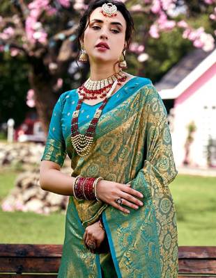 Turquoise blue & green ethnic motifs woven design zari kanjivaram saree 3