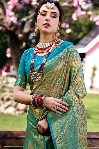 Turquoise blue & green ethnic motifs woven design zari kanjivaram saree