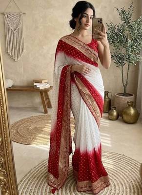 White Embroidery Sequin Coding Lace Work Georgette Saree 1