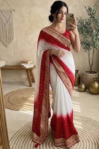 White Embroidery Sequin Coding Lace Work Georgette Saree