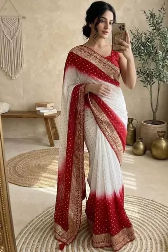 White Embroidery Sequin Coding Lace Work Georgette Saree