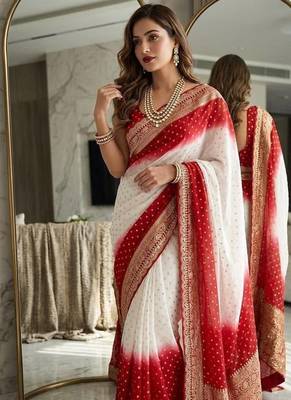 White Embroidery Sequin Coding Lace Work Georgette Saree 2