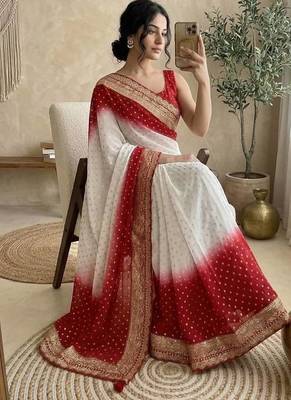 White Embroidery Sequin Coding Lace Work Georgette Saree 3