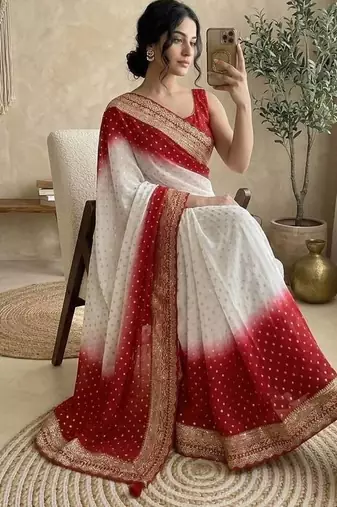 White Embroidery Sequin Coding Lace Work Georgette Saree