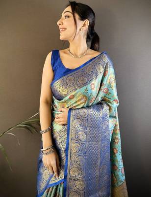 Woven design zari silk blend kanjeevaram saree 3
