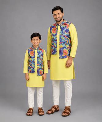 Lime yellow kurta with printed jacket attached kurta pyjama father son combo set 1