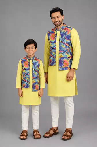 Lime yellow kurta with printed jacket attached kurta pyjama father son combo set