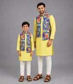 Lime yellow kurta with printed jacket attached kurta pyjama father son combo set