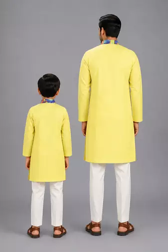 Lime yellow kurta with printed jacket attached kurta pyjama father son combo set