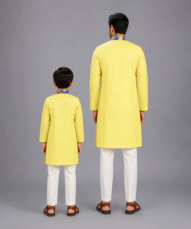Lime yellow kurta with printed jacket attached kurta pyjama father son combo set