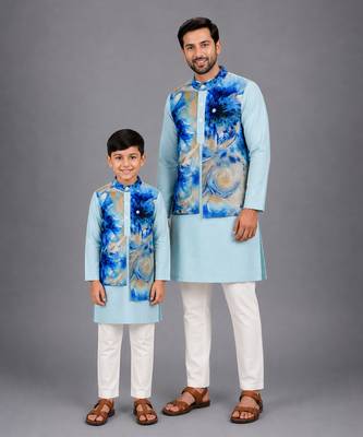 Pastel blue kurta with printed jacket attached kurta pyjama father son combo set 1