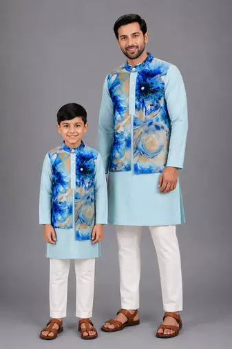 Pastel blue kurta with printed jacket attached kurta pyjama father son combo set