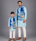 Pastel blue kurta with printed jacket attached kurta pyjama father son combo set