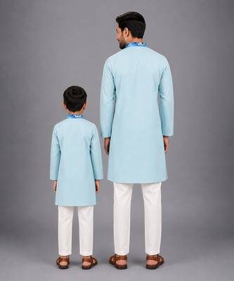 Pastel blue kurta with printed jacket attached kurta pyjama father son combo set 2