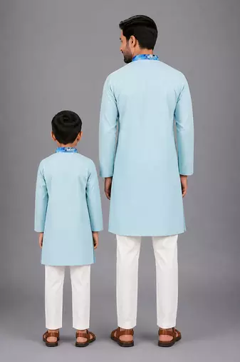 Pastel blue kurta with printed jacket attached kurta pyjama father son combo set