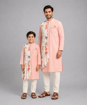 Assymetric pleat print peach kurta pyjama father son combo set 1