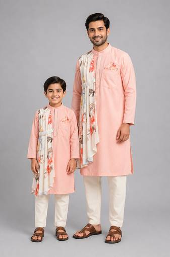 Assymetric pleat print peach kurta pyjama father son combo set