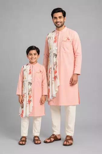 Assymetric pleat print peach kurta pyjama father son combo set