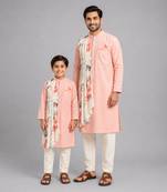 Assymetric pleat print peach kurta pyjama father son combo set