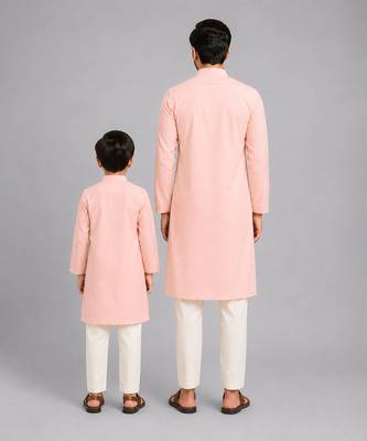 Assymetric pleat print peach kurta pyjama father son combo set 2