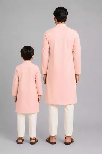 Assymetric pleat print peach kurta pyjama father son combo set