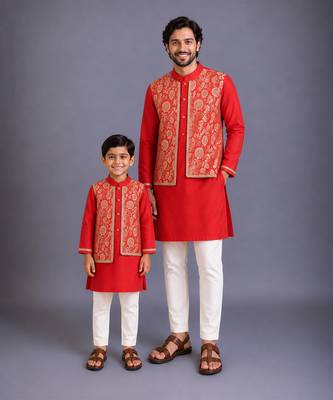 Red kurta pyjama with attached brocade jacket father son combo set 1