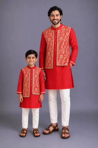 Red kurta pyjama with attached brocade jacket father son combo set