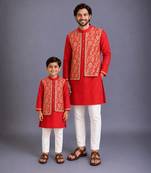 Red kurta pyjama with attached brocade jacket father son combo set