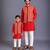Red kurta pyjama with attached brocade jacket father son combo set