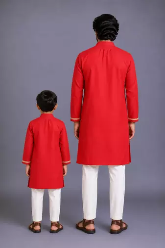 Red kurta pyjama with attached brocade jacket father son combo set