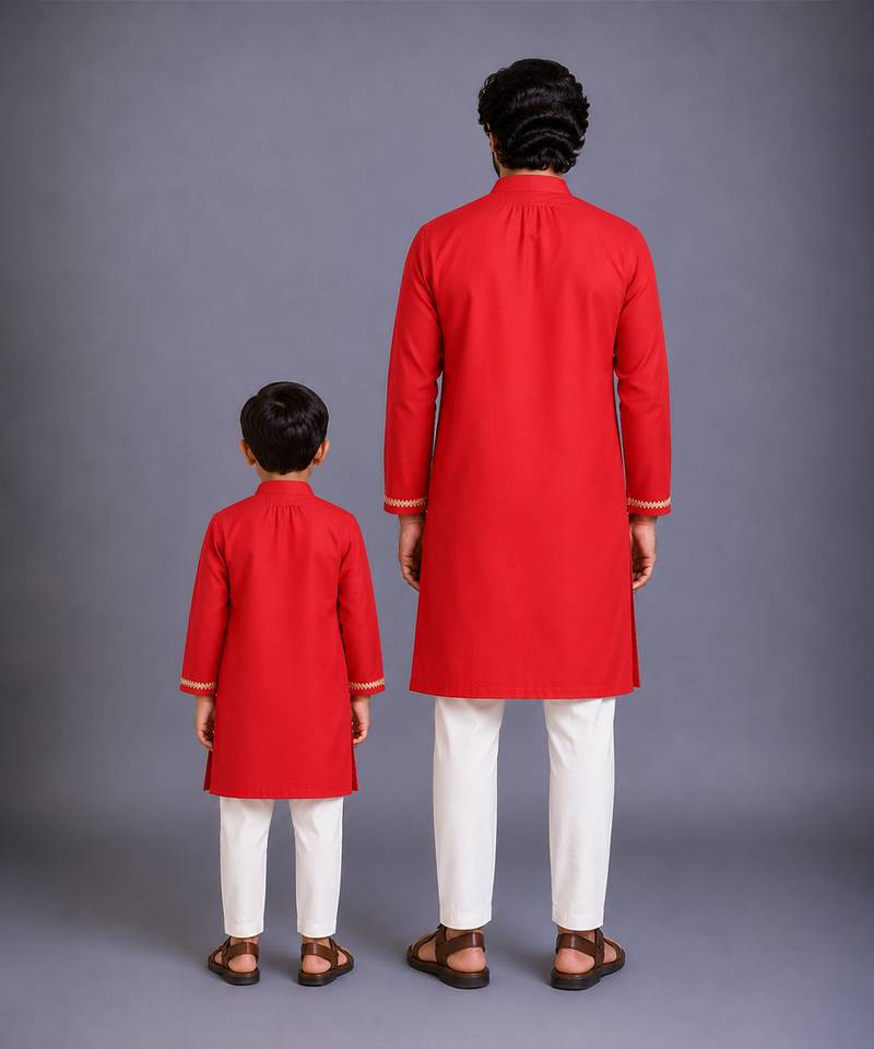 Red kurta pyjama with attached brocade jacket father son combo set