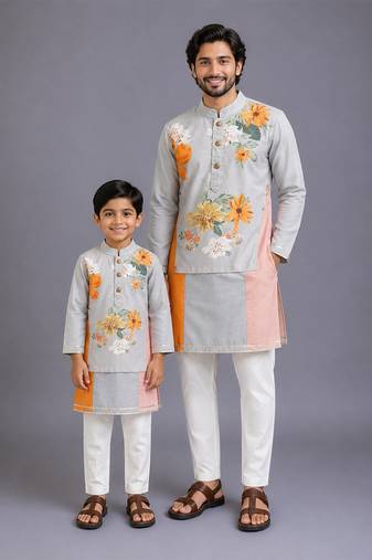 Multicolor kurta pyjama with attached print panel father son combo set