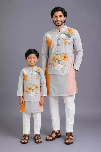 Multicolor kurta pyjama with attached print panel father son combo set