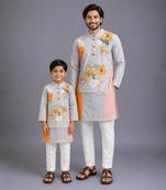 Multicolor kurta pyjama with attached print panel father son combo set