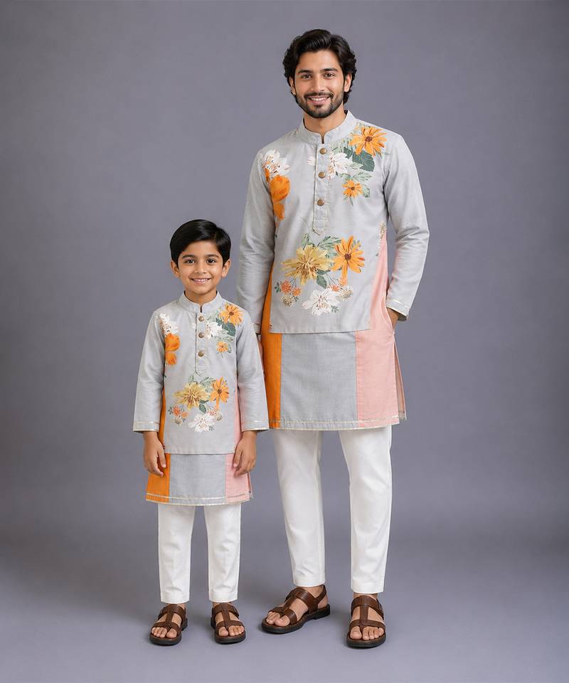 Multicolor kurta pyjama with attached print panel father son combo set