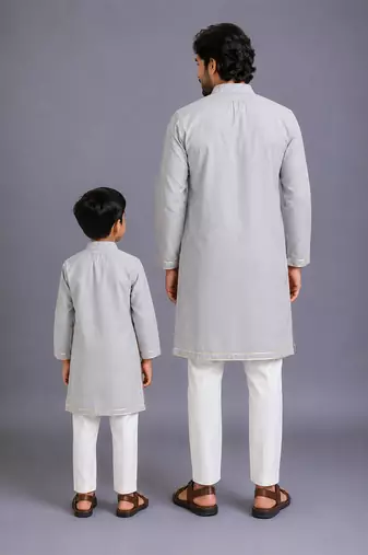 Multicolor kurta pyjama with attached print panel father son combo set