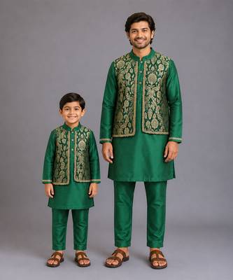 Green kurta pyjama with attached brocade jacket father son combo set 1