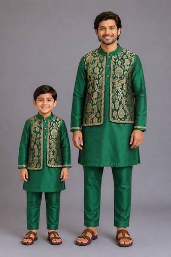 Green kurta pyjama with attached brocade jacket father son combo set