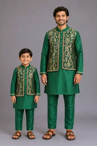 Green kurta pyjama with attached brocade jacket father son combo set