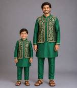Green kurta pyjama with attached brocade jacket father son combo set