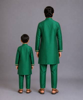 Green kurta pyjama with attached brocade jacket father son combo set 2