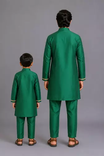 Green kurta pyjama with attached brocade jacket father son combo set