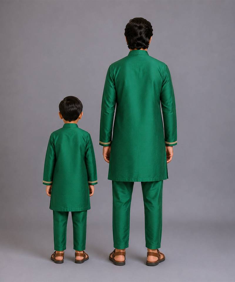 Green kurta pyjama with attached brocade jacket father son combo set