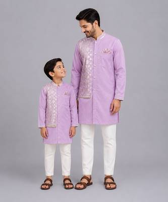 Pastel purple kurta pyjama with attached jacket father son combo set 1
