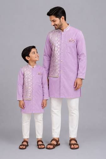 Pastel purple kurta pyjama with attached jacket father son combo set