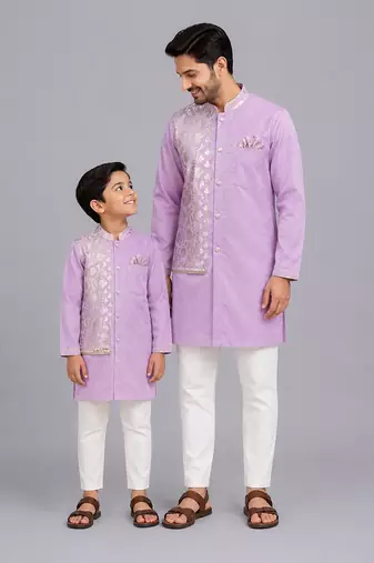 Pastel purple kurta pyjama with attached jacket father son combo set